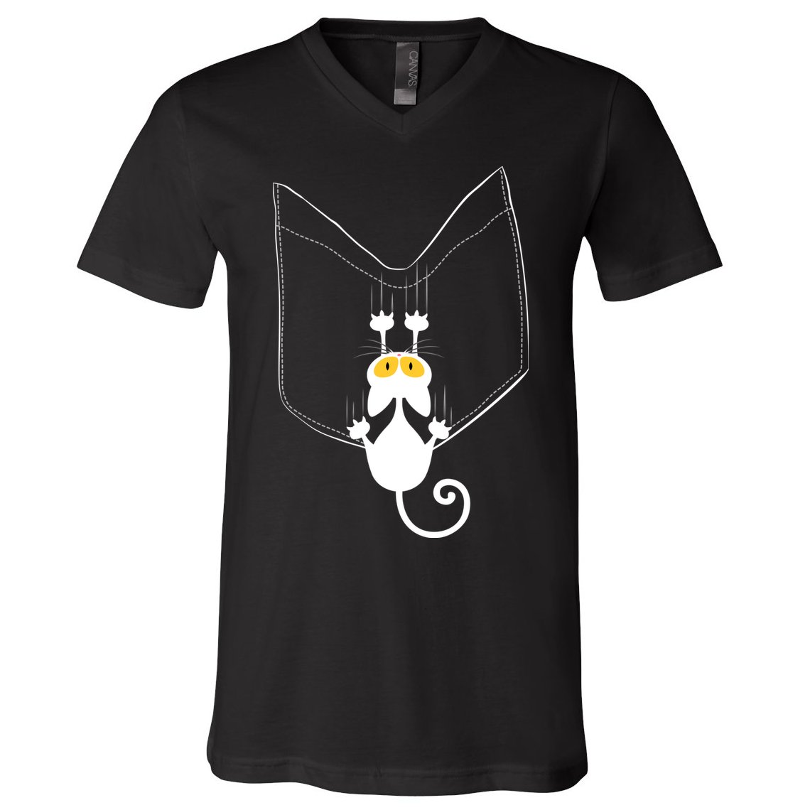 Funny Cute Cat Hanging From Pocket V-Neck T-Shirt