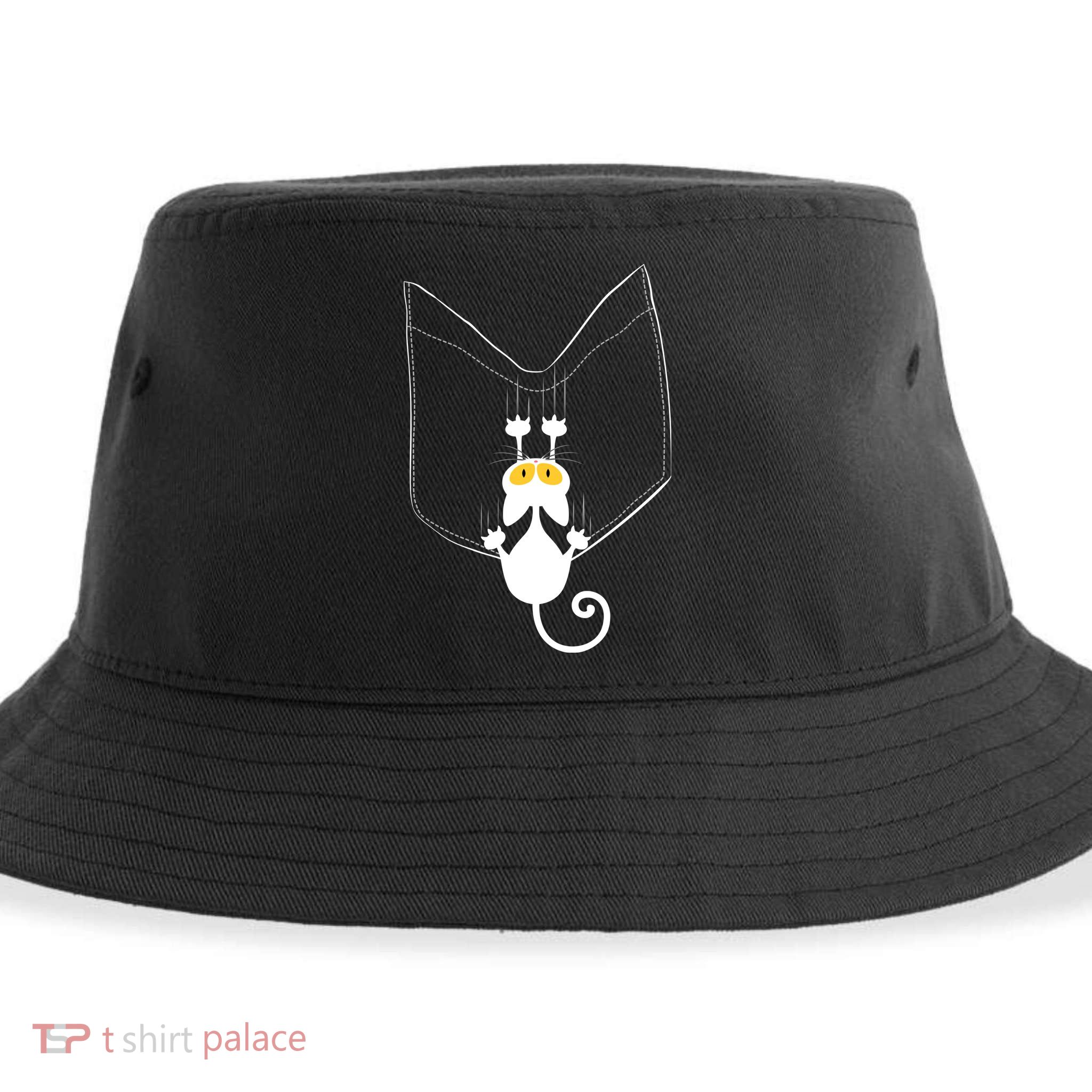 Funny Cute Cat Hanging From Pocket Sustainable Bucket Hat