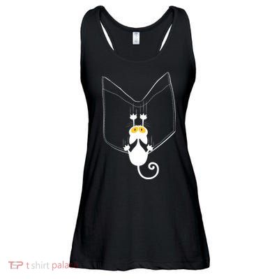 Funny Cute Cat Hanging From Pocket Ladies Essential Flowy Tank