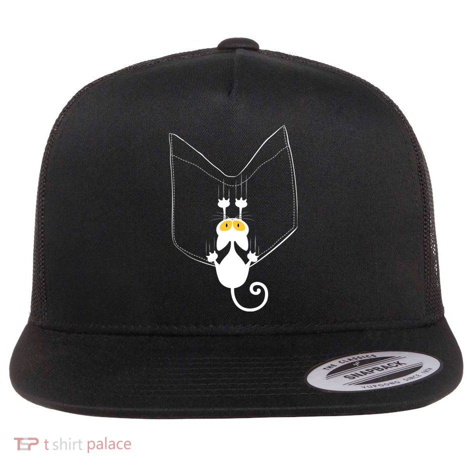 Funny Cute Cat Hanging From Pocket Flatbill Hat