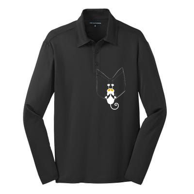 Funny Cute Cat Hanging From Pocket Silk Touch Performance Long Sleeve Polo