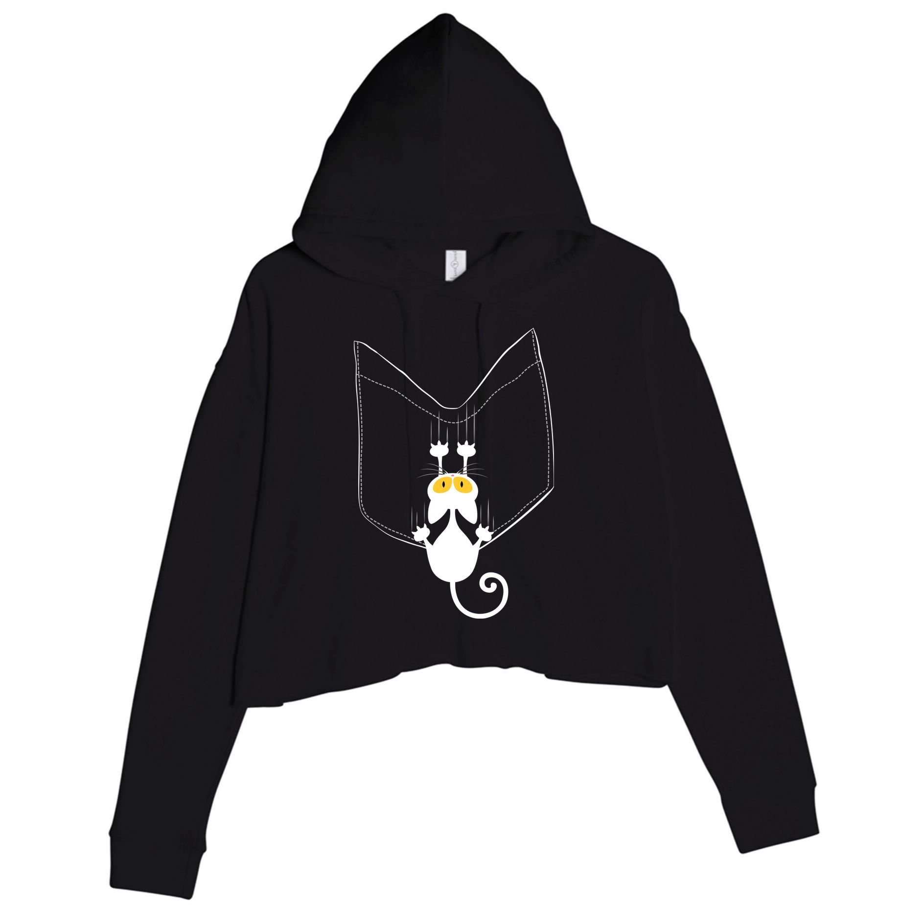 Funny Cute Cat Hanging From Pocket Crop Fleece Hoodie