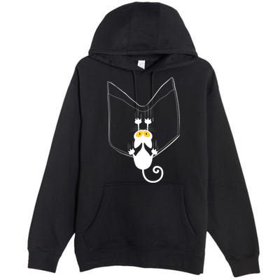 Funny Cute Cat Hanging From Pocket Premium Pullover Hoodie