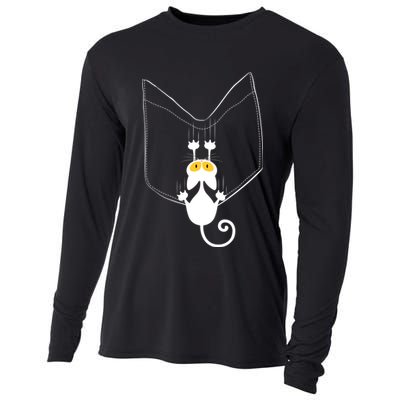 Funny Cute Cat Hanging From Pocket Cooling Performance Long Sleeve Crew