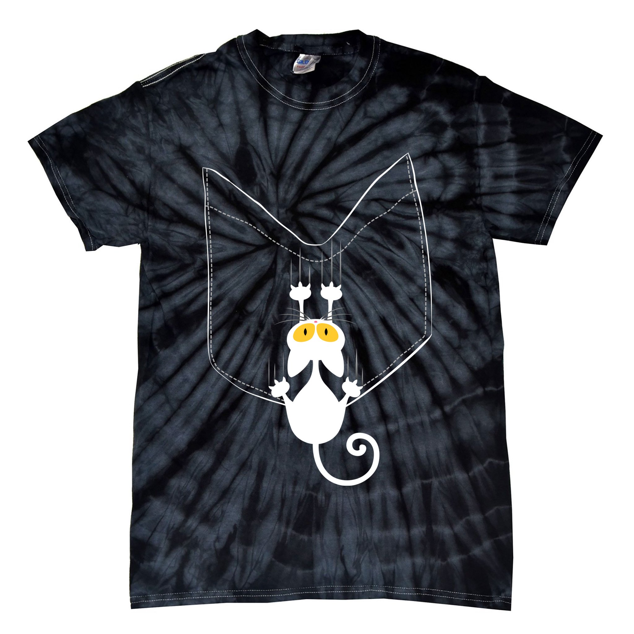 Funny Cute Cat Hanging From Pocket Tie-Dye T-Shirt