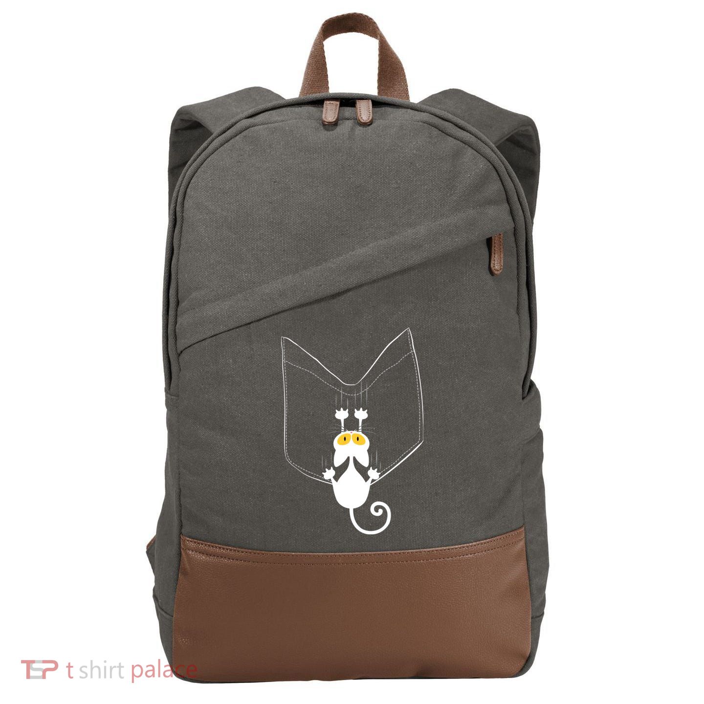 Funny Cute Cat Hanging From Pocket Cotton Canvas Backpack