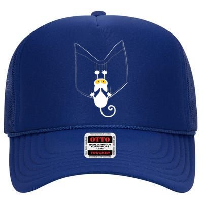 Funny Cute Cat Hanging From Pocket High Crown Mesh Back Trucker Hat