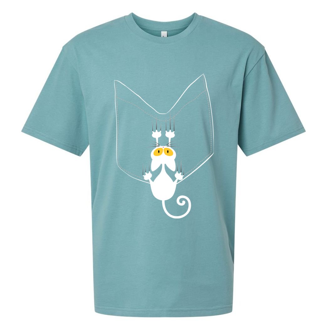 Funny Cute Cat Hanging From Pocket Sueded Cloud Jersey T-Shirt