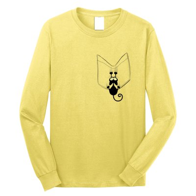 Funny Cute Cat Hanging From Pocket Long Sleeve Shirt