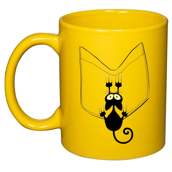 Funny Cute Cat Hanging From Pocket 11oz C Handle Ceramic Mug