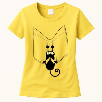 Funny Cute Cat Hanging From Pocket Womens T-Shirt
