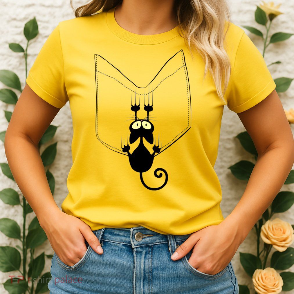 Funny Cute Cat Hanging From Pocket Womens T-Shirt