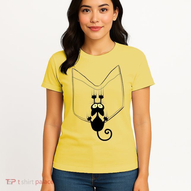 Funny Cute Cat Hanging From Pocket Womens T-Shirt