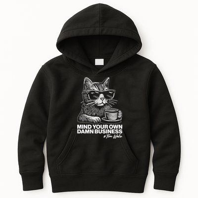Funny Coffee Cat Mind Your Own Damn Business #Tim Walz 2024 Election Kids Hoodie
