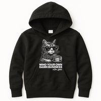 Funny Coffee Cat Mind Your Own Damn Business #Tim Walz 2024 Election Kids Hoodie