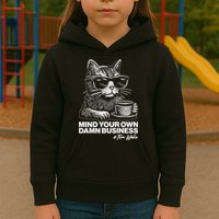 Funny Coffee Cat Mind Your Own Damn Business #Tim Walz 2024 Election Kids Hoodie