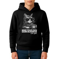 Funny Coffee Cat Mind Your Own Damn Business #Tim Walz 2024 Election Kids Hoodie