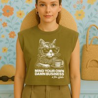 Funny Coffee Cat Mind Your Own Damn Business #Tim Walz 2024 Election Garment-Dyed Women's Muscle Tee