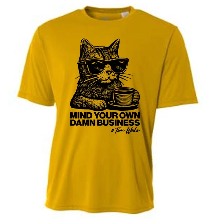 Funny Coffee Cat Mind Your Own Damn Business #Tim Walz 2024 Election Cooling Performance Crew T-Shirt