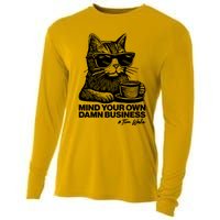 Funny Coffee Cat Mind Your Own Damn Business #Tim Walz 2024 Election Cooling Performance Long Sleeve Crew