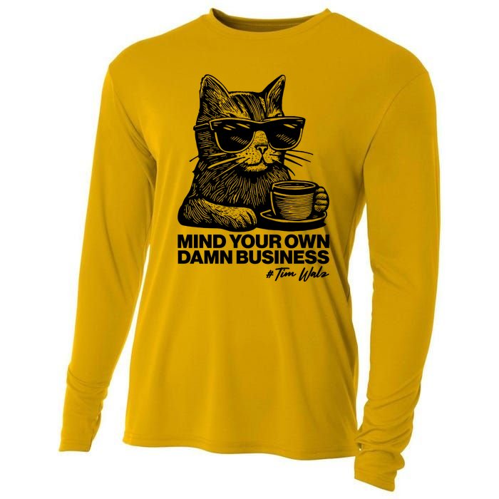 Funny Coffee Cat Mind Your Own Damn Business #Tim Walz 2024 Election Cooling Performance Long Sleeve Crew