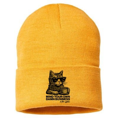 Funny Coffee Cat Mind Your Own Damn Business #Tim Walz 2024 Election Sustainable Knit Beanie