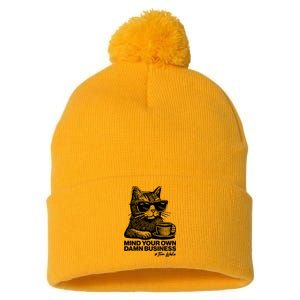 Funny Coffee Cat Mind Your Own Damn Business #Tim Walz 2024 Election Pom Pom 12in Knit Beanie