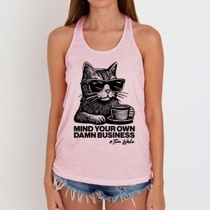 Funny Coffee Cat Mind Your Own Damn Business #Tim Walz 2024 Election Women's Knotted Racerback Tank