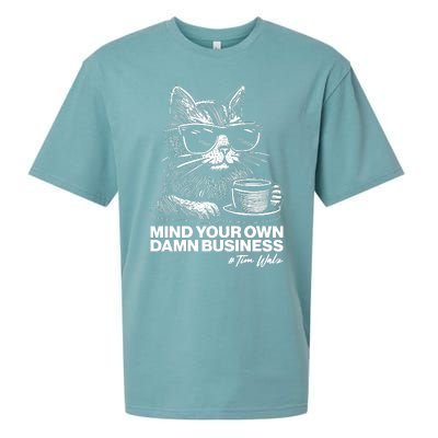 Funny Coffee Cat Mind Your Own Damn Business #Tim Walz 2024 Election Sueded Cloud Jersey T-Shirt