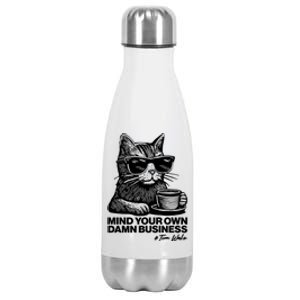 Funny Coffee Cat Mind Your Own Damn Business #Tim Walz 2024 Election Stainless Steel Insulated Water Bottle