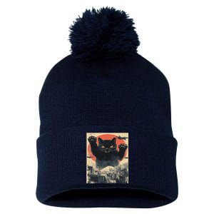 Funny Catzilla Cat Monster Cat Meowzilla Ukiyoe Catzilla Pom Pom 12in Knit Beanie