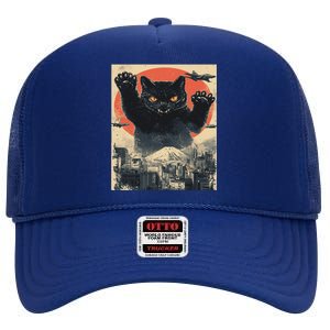 Funny Catzilla Cat Monster Cat Meowzilla Ukiyoe Catzilla High Crown Mesh Back Trucker Hat