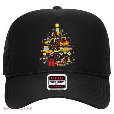 Funny Christmas Construction Vehicles Tree High Crown Mesh Back Trucker Hat