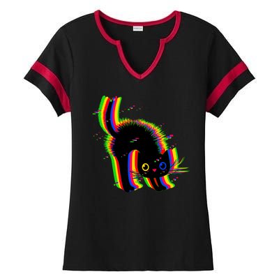 Funny Cute Colorful Glitch Cat Ladies Halftime Notch Neck Tee