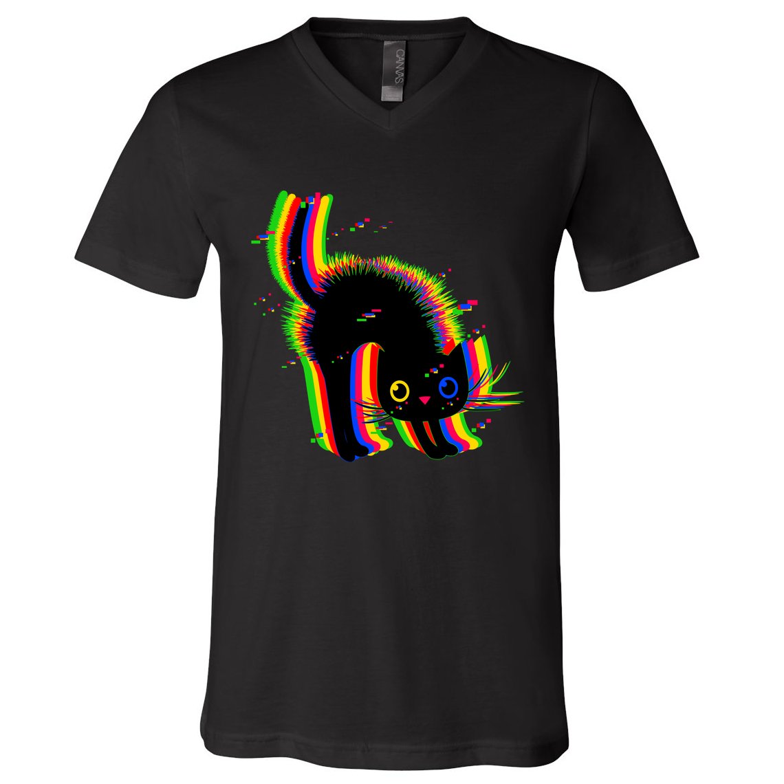 Funny Cute Colorful Glitch Cat V-Neck T-Shirt