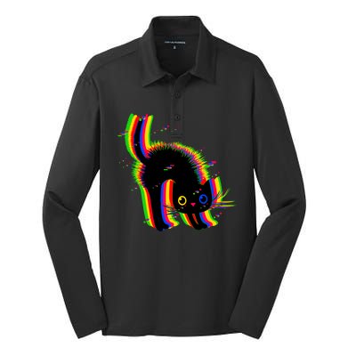 Funny Cute Colorful Glitch Cat Silk Touch Performance Long Sleeve Polo