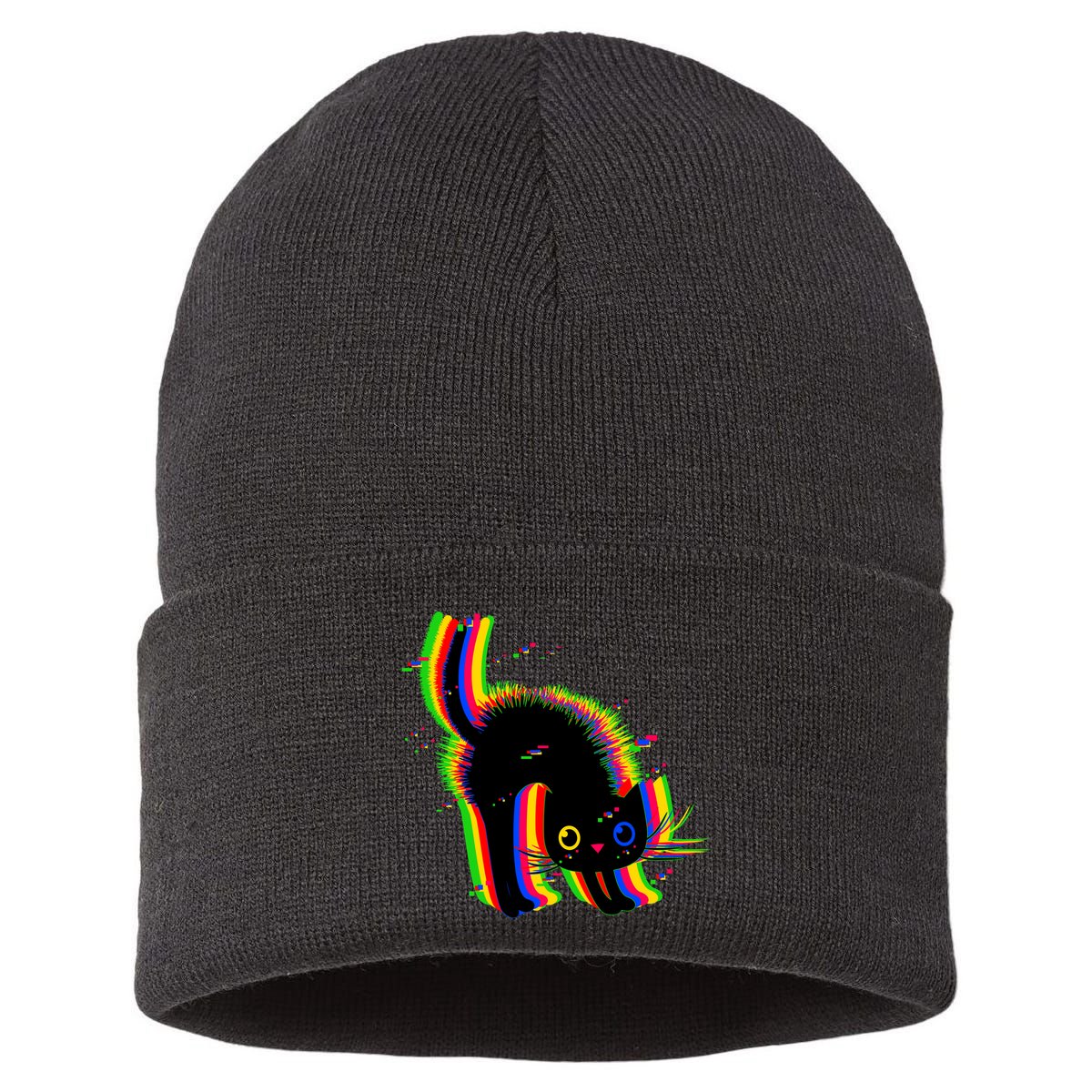 Funny Cute Colorful Glitch Cat Sustainable Knit Beanie