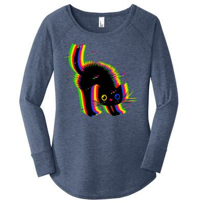 Funny Cute Colorful Glitch Cat Women's Perfect Tri Tunic Long Sleeve Shirt