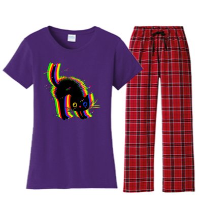 Funny Cute Colorful Glitch Cat Women's Flannel Pajama Set