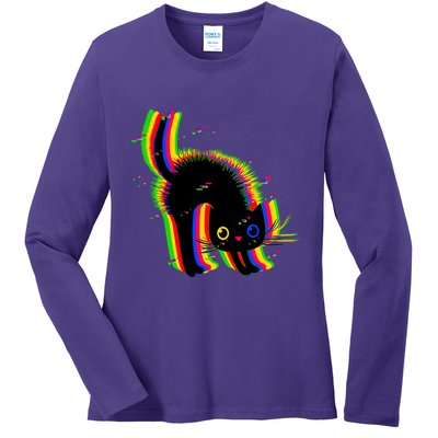Funny Cute Colorful Glitch Cat Ladies Long Sleeve Shirt
