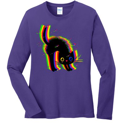 Funny Cute Colorful Glitch Cat Ladies Long Sleeve Shirt