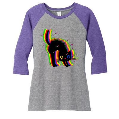 Funny Cute Colorful Glitch Cat Women's Tri-Blend 3/4-Sleeve Raglan Shirt