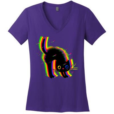 Funny Cute Colorful Glitch Cat Women's V-Neck T-Shirt