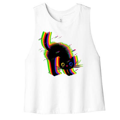 Funny Cute Colorful Glitch Cat Women's Racerback Cropped Tank