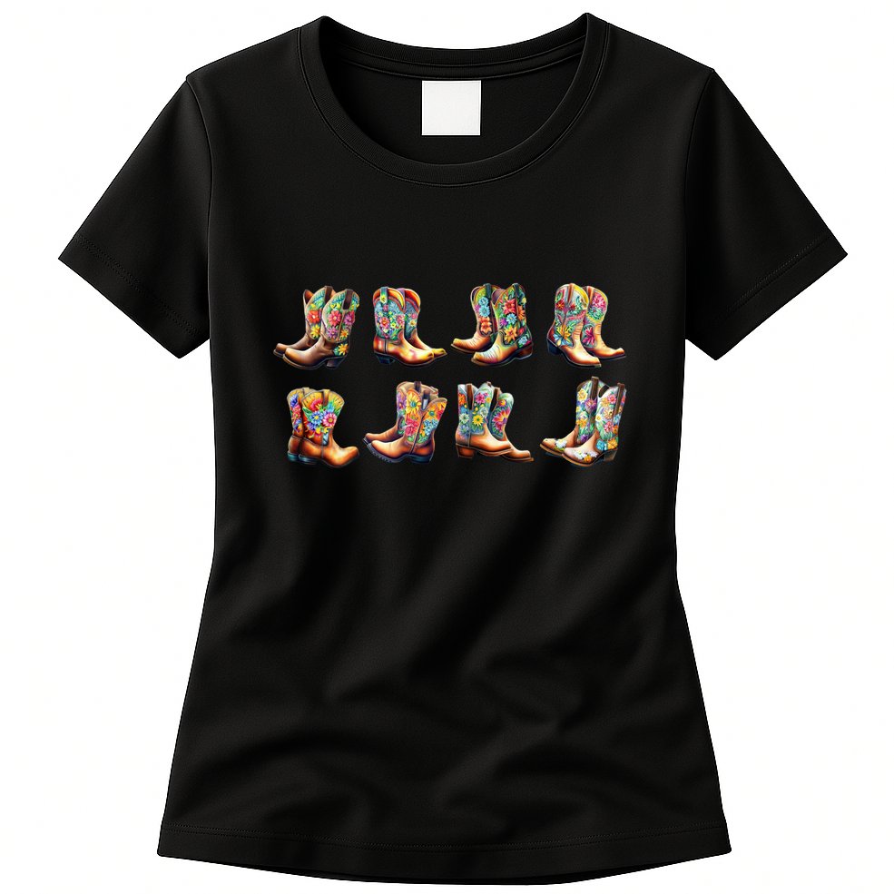 Floral Cowboy Cowgirl Boots Womens T-Shirt