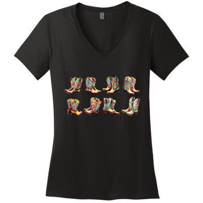 Floral Cowboy Cowgirl Boots Women's V-Neck T-Shirt
