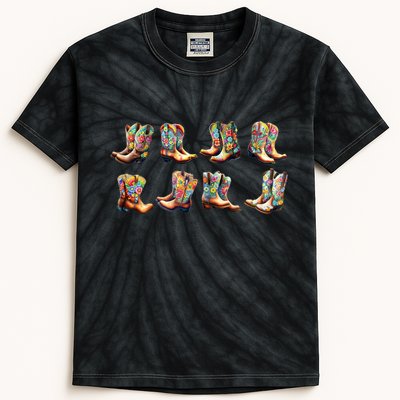 Floral Cowboy Cowgirl Boots Kids Tie-Dye T-Shirt