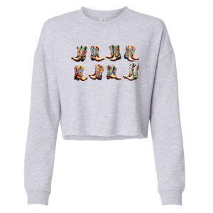 Floral Cowboy Cowgirl Boots Cropped Pullover Crew