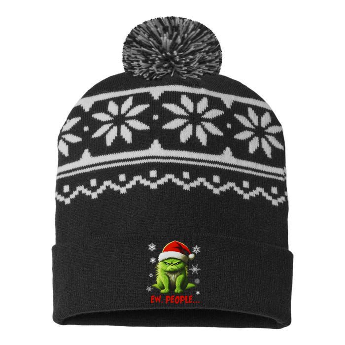 Funny Christmas Cat Ew People Meowy Cat Lovers USA-Made Snowflake Beanie