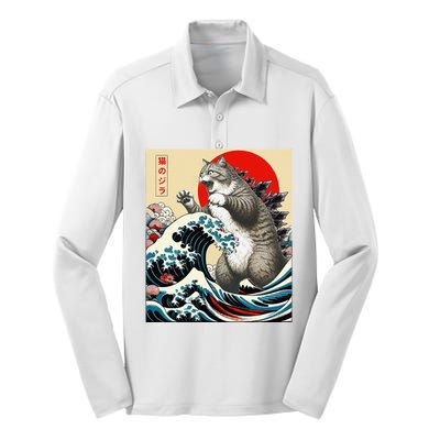 Funny Catzilla Cat Japanese Art Cat Gifts Silk Touch Performance Long Sleeve Polo